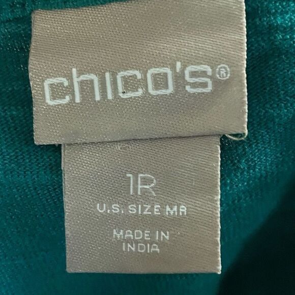 CHICO’S Heather Teal Asymmetrical Lace-Front Top, 3/4 sleeves - Picture 3 of 6